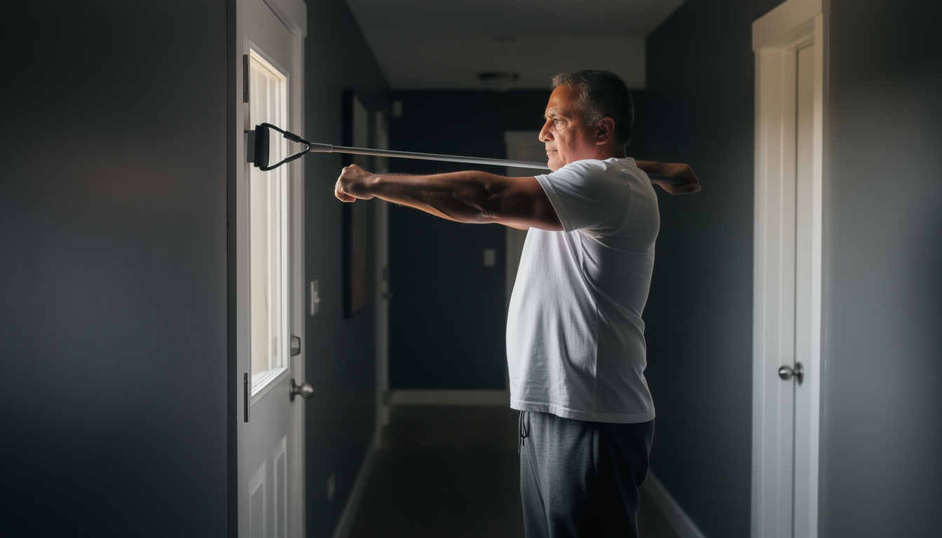 Hombre usando banda elástica con anclaje de puerta para estiramiento matutino en casa