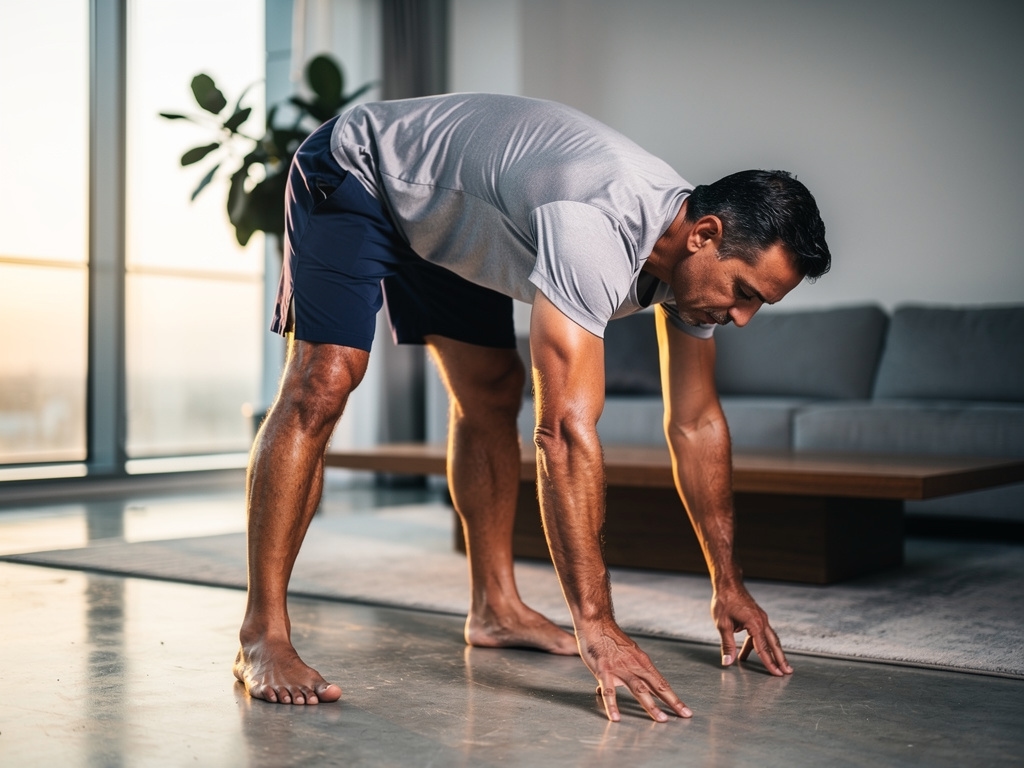 Hombre sobre cuarenta haciendo estiramiento en sala de estar con equipamiento compacto