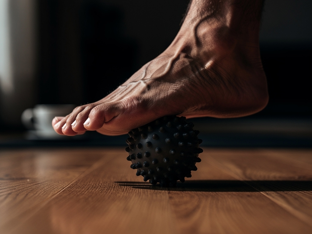 Pelota de masaje con relieve siendo usada en la planta del pie para trabajar tensión