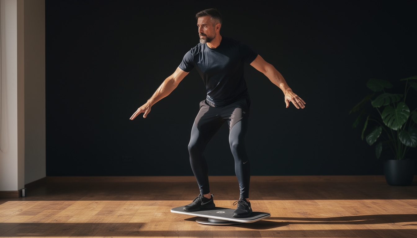 Kit de movilidad articular con tabla de equilibrio en uso sobre superficie de madera